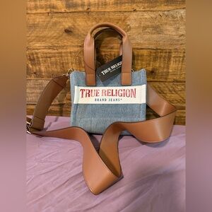 True Religion Denim Mini Tote with Tan Leather Handles and Red Logo